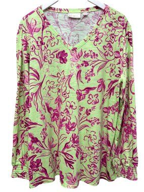 BELLE Kim Gravel Floral Top Womens Plus Size 2X Green Pink Balloon Sleeve Tee